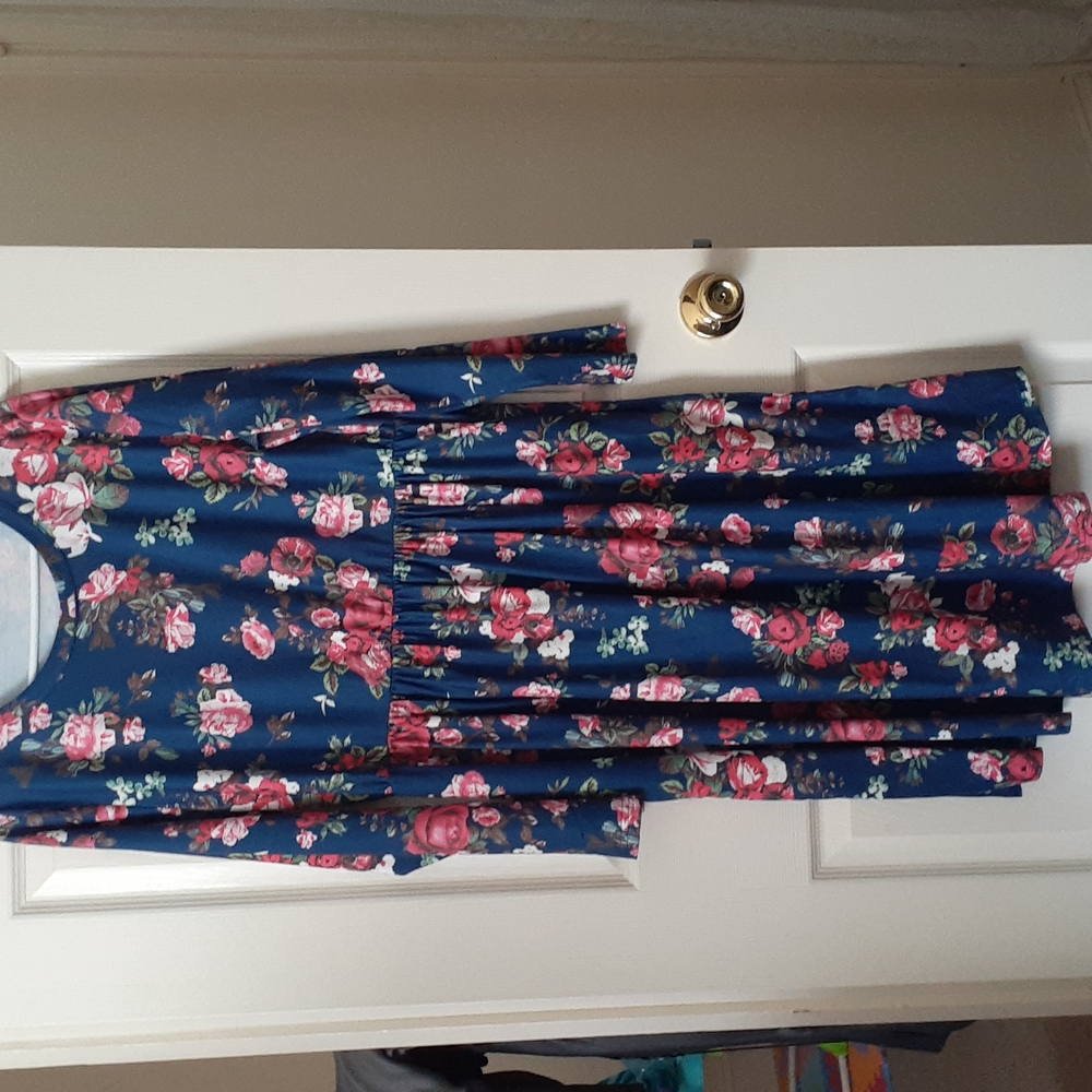 Empire Waist Maternity Dress. Blue with pink rose flowers. Cotton an spandex.